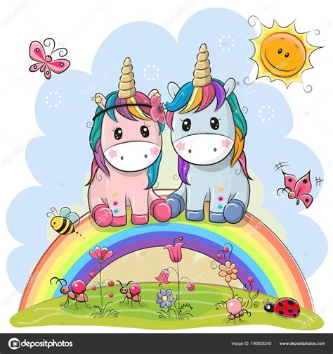 Dos Unicornios de Dibujos Animados están sentados en el arco iris