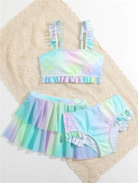 Tween Girl Ombre Fish Scales Frill Trim Bikini Set With Beach Skirt