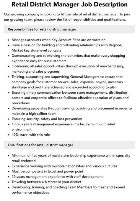 Retail District Manager Job Description Velvet Jobs