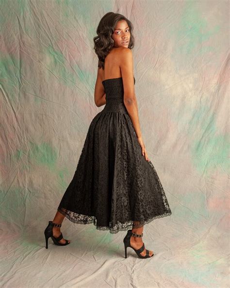 80s Black Lace Strapless Dress Etsy