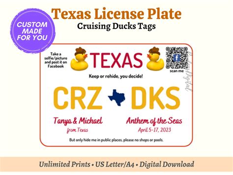 Personalized Texas License Plate Cruising Duck Tag Rubber Duck Tag