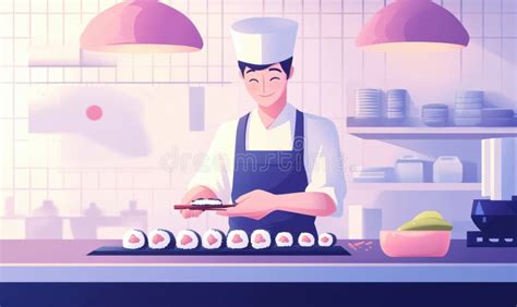 sushi chef preparing sushi rolls  modern kitchen showcasing culinary