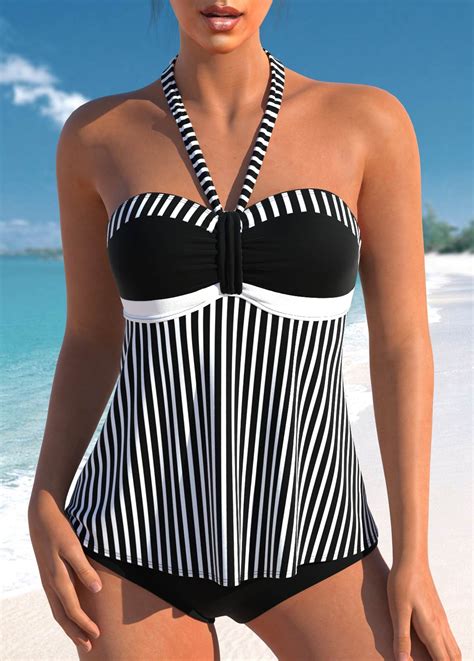 Ruched Patchwork Striped Black Tankini Top Modlily Usd