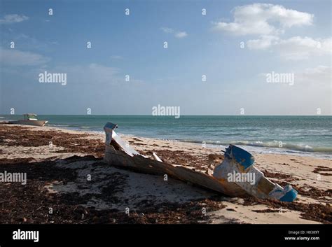 Beached Wrecked Fishing Boat Skiff On Isla Blanca Cancun Mexico With