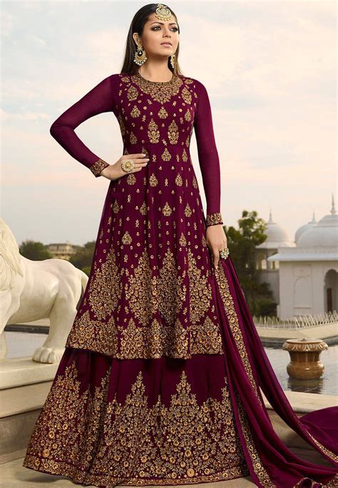 Drashti Dhami Wine Georgette Embroidered Lehenga Style Suit