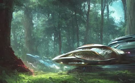 A Futuristic Spaceship Crash Landed In A Forest Stable Diffusion