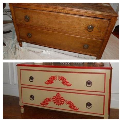 Two Different Dressers Side By Side One With Red And White Paint On