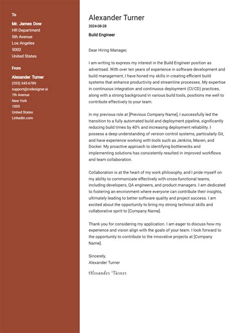 24 Build Engineer Cover Letter Examples For 2024 Expert Tips And Templates Cvdesigner Ai