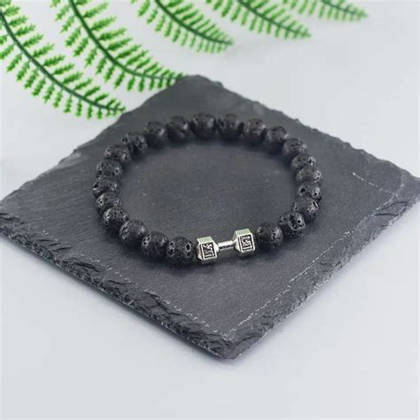 Natural Black Volcanic Lava Stone Dumbbell Bracelet Men Matte Obisidian