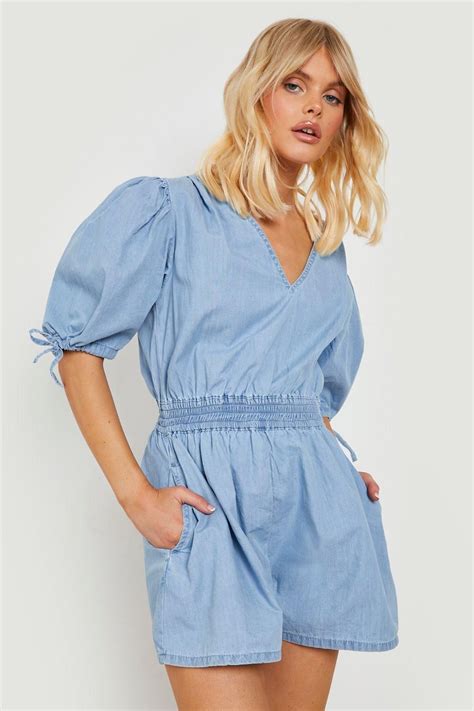 Puff Sleeve V Neck Denim Playsuit In Breezy Outfit Denim