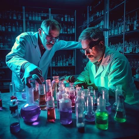 Dos hombres con batas de laboratorio están trabajando en una mesa con