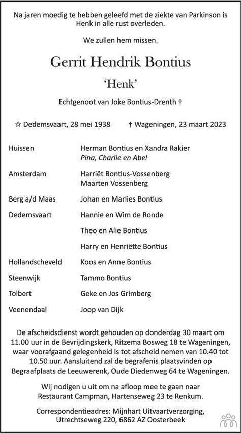 Gerrit Hendrik Henk Bontius 23 03 2023 Overlijdensbericht En