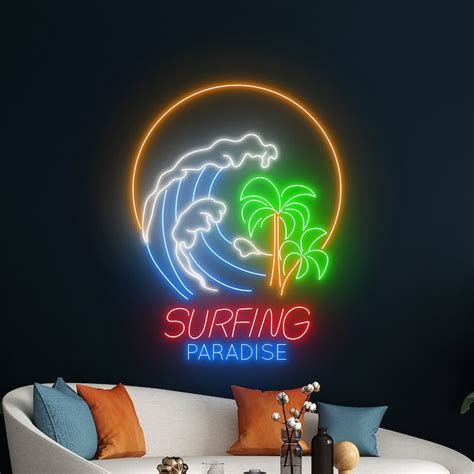 Handmadetneonsign Surfing Paradise Ocean Waves Palm Tree Wall Art Beach Wall Decor Tropical