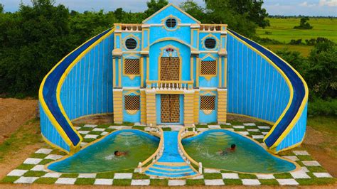 Top Ancient Skills Build Two Story Classic Mud Villa Twin Water Slide