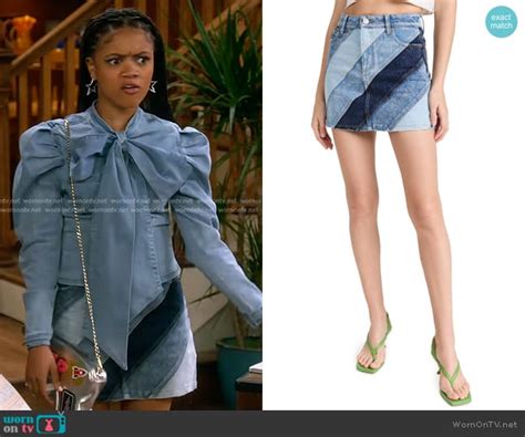 Wornontv Aaliyahs Tie Neck Denim Blouse And Mini Skirt On The Upshaws