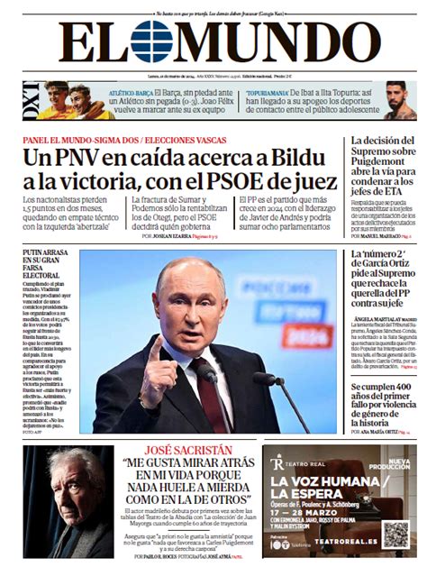 Portada De EL MUNDO Del Lunes 18 De Marzo De 2024 Medios