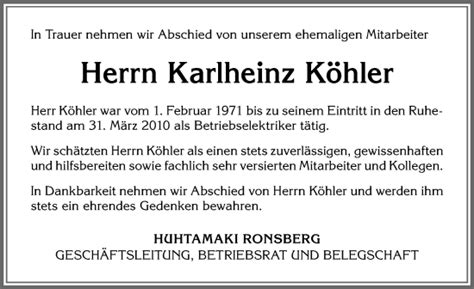 Traueranzeigen von Karlheinz Köhler Augsburger Allgemeine Zeitung