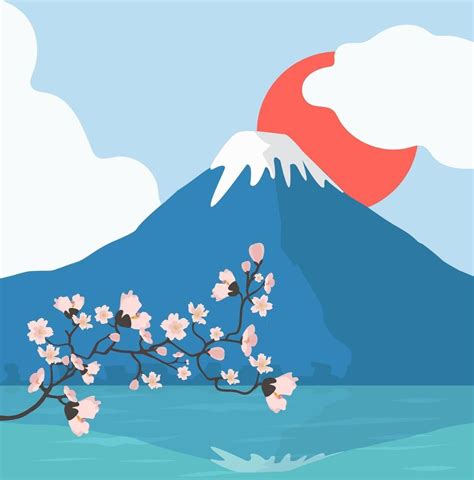 Cherry Blossoms Branch And Mount Fuji Background Art And Illustration