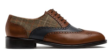 Full Brogue Schuhe Braunes Blaues Kalbsleder Tweed