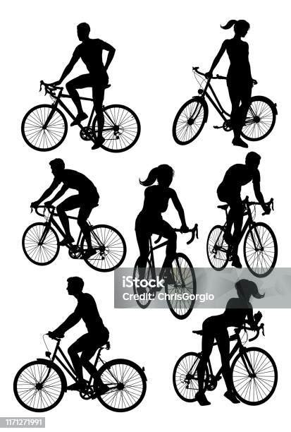 Fiets Rijden Fiets Fietsers Silhouetten Set Stockvectorkunst En Meer