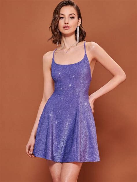 Shein Bae Lace Up Backless Glitter Cami Dress Shein Usa