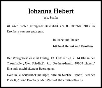 Traueranzeigen Von Johanna Hebert Wirtrauern