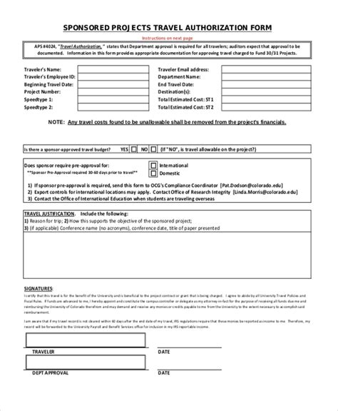 Free Sample Travel Authorization Forms In Pdf Ms Word Excel