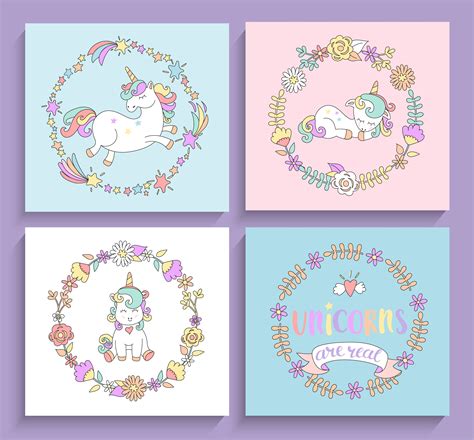 Set Of Magical Unicorns Cards With Circle Frames 416447 Vector Art At