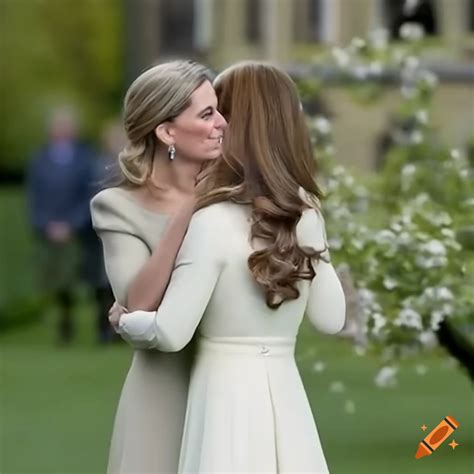 Kate Middleton Hugging And Kissing Sophie Wessex In A Garden On Craiyon