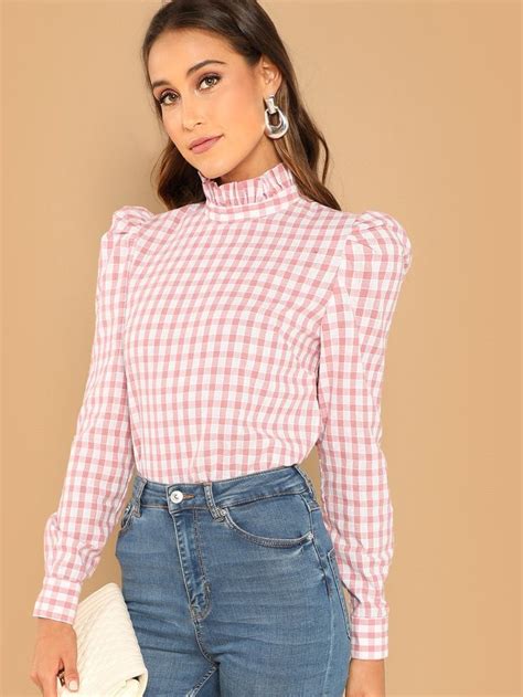 Buy Frill Neck Puff Sleeve Gingham Top In The Online Store