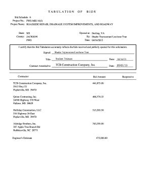 Fillable Online Flh Fhwa Dot TABULATIONOFBIDS TCB Construction Company