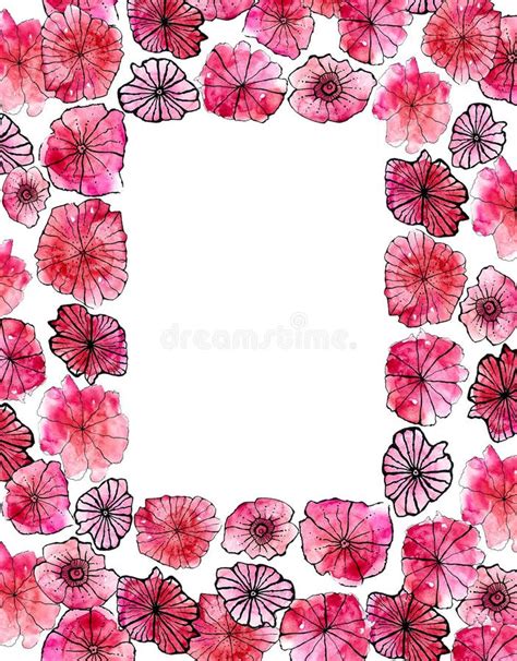 Frame of Pink Flowers with Black Outline. White Copy Space Stock Image - Image of flower ...