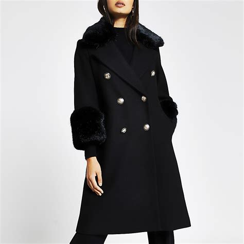 Black Faux Fur Cuff Swing Coat River Island