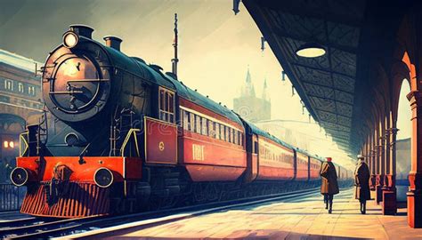 Train at the Station, Vintage, Retro Style, Generative Ai Stock Illustration - Illustration of ...