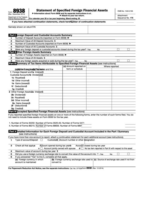 Fillable Form 8938 Statement Of Specified Foreign Financial Assets