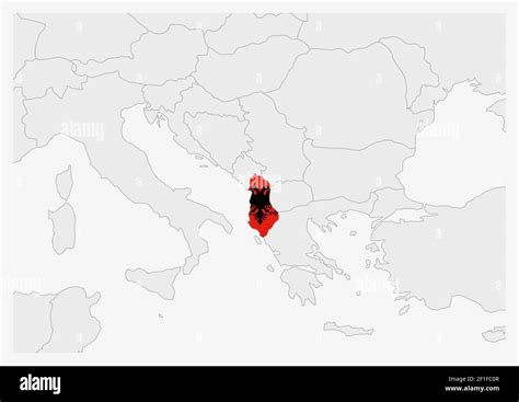 Albania map highlighted in Albania flag colors, gray map with ...