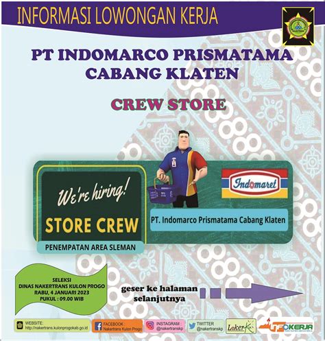 DISNAKERTRANS Lowongan Kerja Store Crew Di PT Indomarco Prismatama