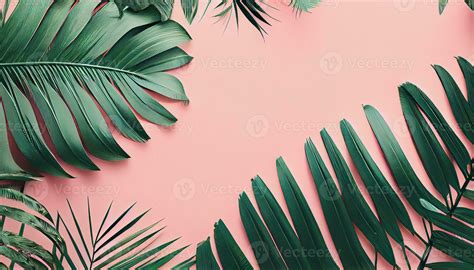 Illustration Of Flat Lay Of Green Palm Branches Over Pink Pastel