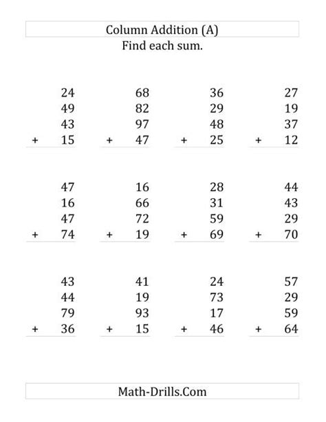 Adding Four Two Digit Numbers Large Print Addition Worksheet