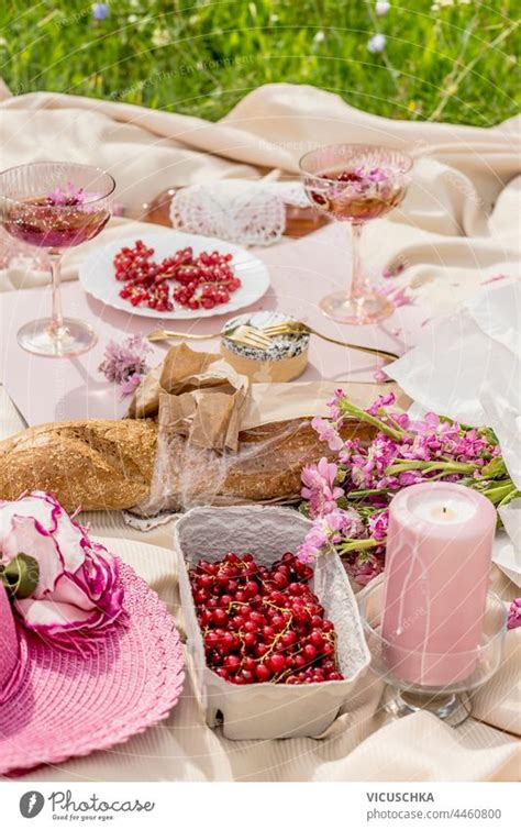 Aesthetic Picnic With Baguette Glasses Of Champagne Berries Cheese