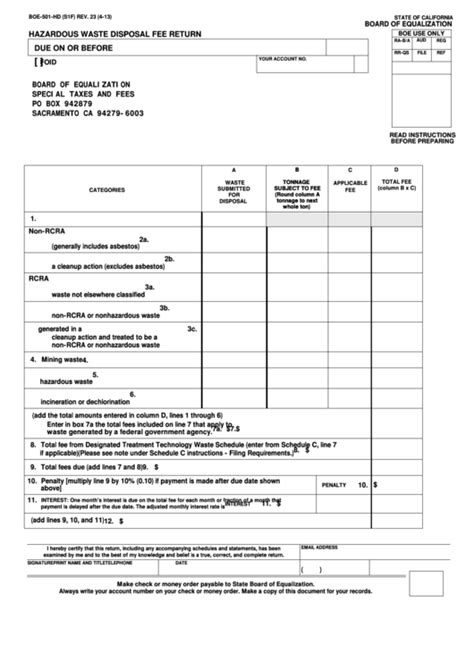 Fillable Form Boe 501 Hd Hazardous Waste Disposal Fee Return