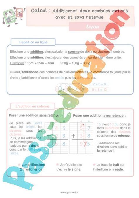 Additionner deux nombres entiers avec et sans retenue Leçon de