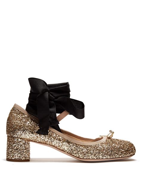 Miu Miu Glitter Block Heel Ballet Pumps In Metallic Lyst