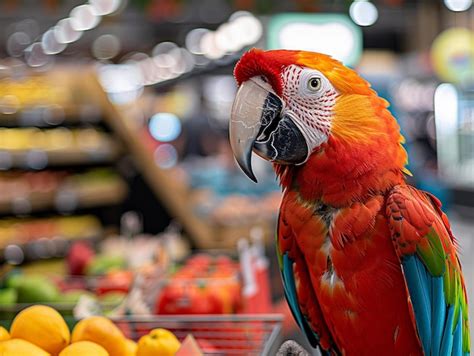 Scarlet Macaw Parrot In Grocery Store Produce Section Premium AI