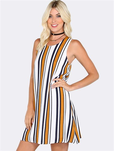 Vertical Stripe Shift Dress Camel Multi Shein Sheinside