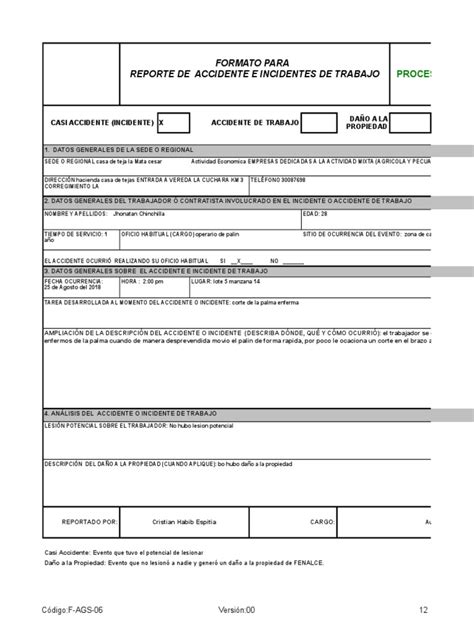 Formato Para Reporte De Accidente E Incidentes De Trabajo Proceso De