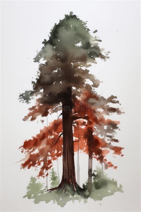 Giant Redwood Tree Watercolor Painting With A Minimalistic Style