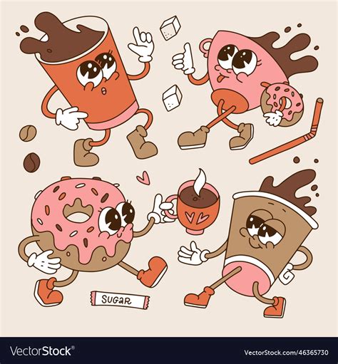 Retro Cartoon Groovy Coffee Character Mascots Set Vector Image