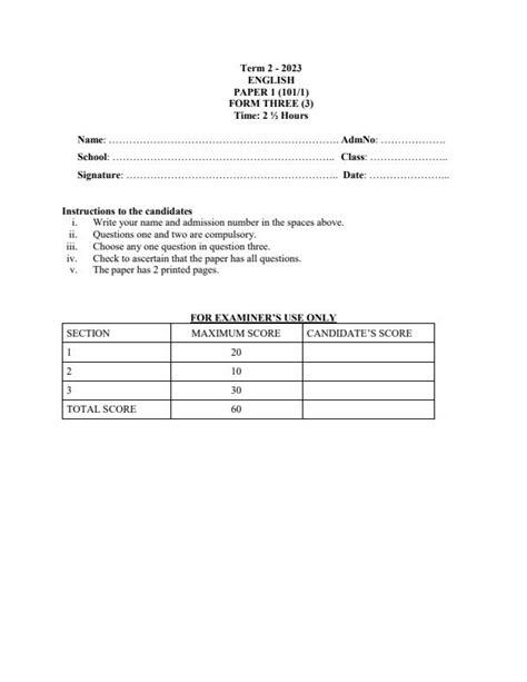 Form 3 English Paper 1 End Of Term 2 Examination 2023 1771