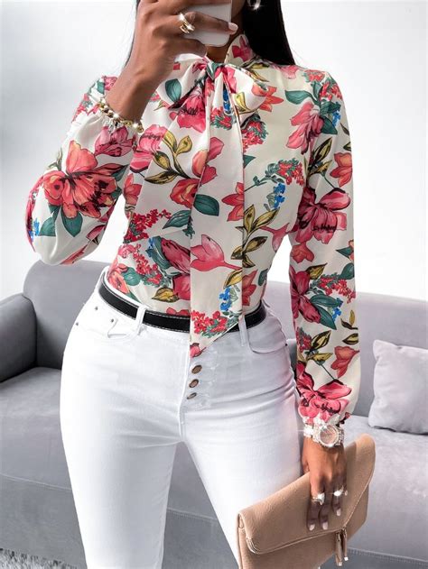 Shein Sxy Floral Print Tie Neck Blouse Shein Usa Kadın Modası